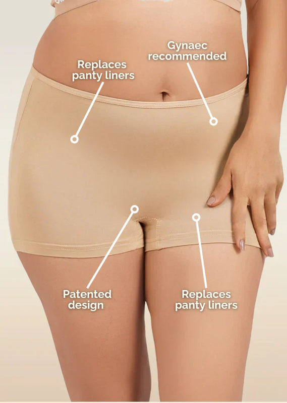 Beige women's boyshorts with labeled features on a beige background