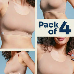 Four-panel collage showing different angles of a beige bra with a 