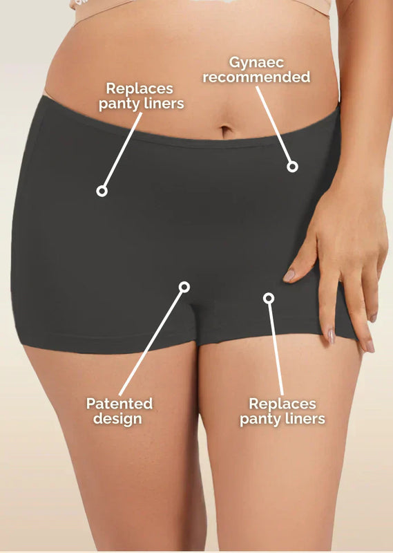 Black boyshorts with text labels on a beige background
