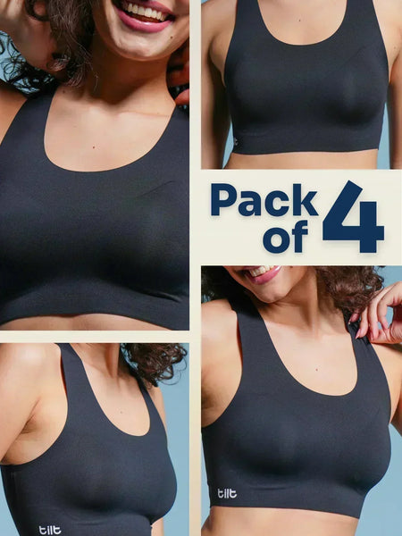 A collage of a woman wearing a black  bra with a 
