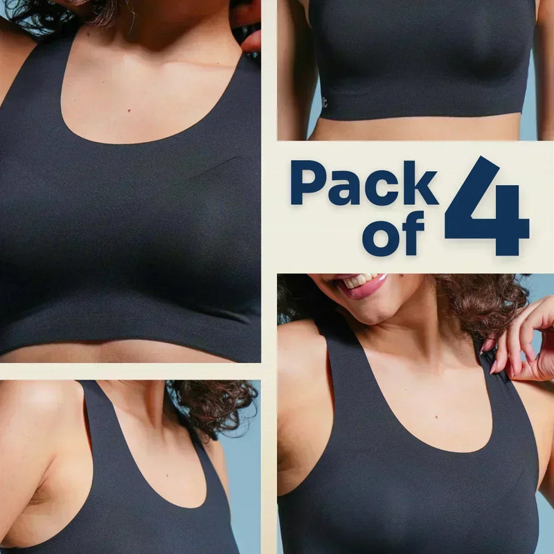 A collage of a woman wearing a black  bra with a 