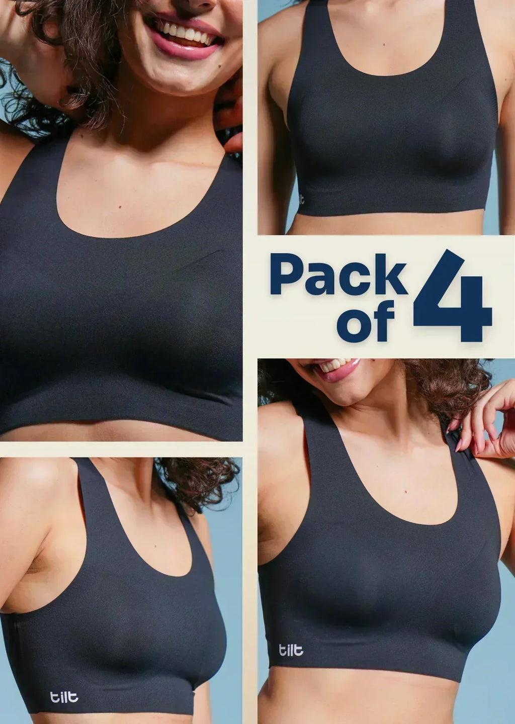 A collage of a woman wearing a black  bra with a "Pack of 4" text