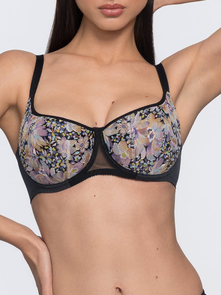 Giselle black flower bra back view – stylish floral balconette bra for women by YOBO