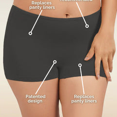Black boyshorts with text labels on a beige background
