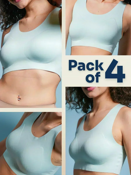 Multi-panel collage of blue sports bra with 'Pack of 4' text on a blue background