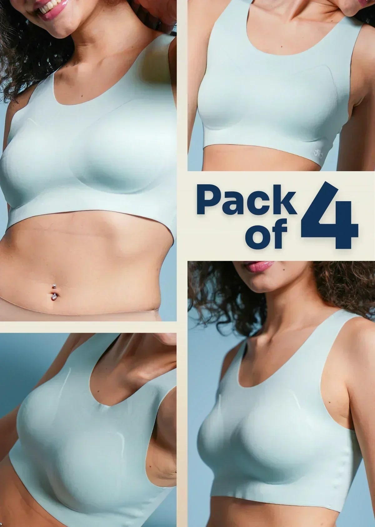 Multi-panel collage of blue sports bra with 'Pack of 4' text on a blue background