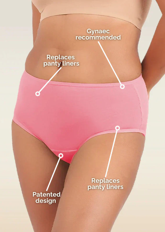 Person wearing pink underwear with text highlighting features on a beige background