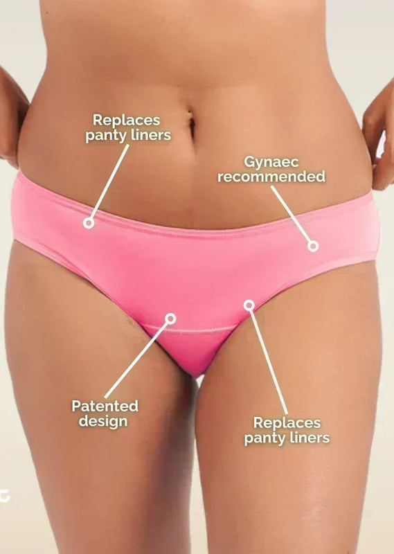 Person wearing pink underwear with text labels on a neutral background
