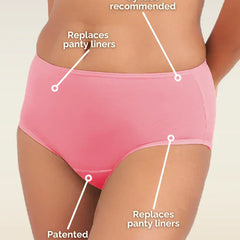 Person wearing pink underwear with text highlighting features on a beige background