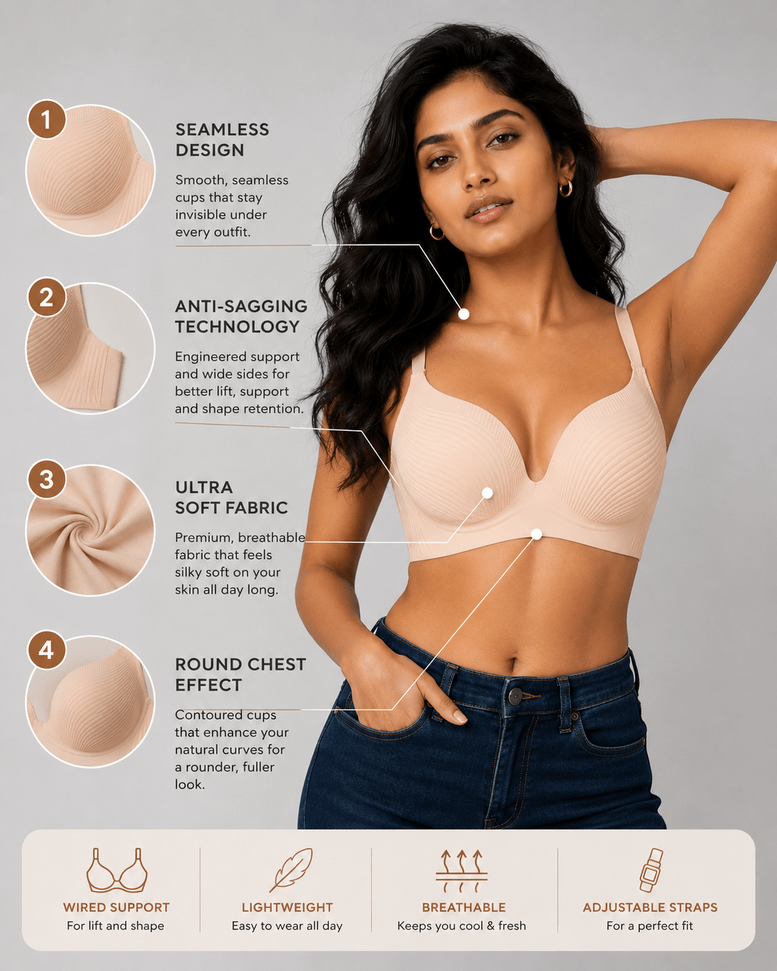 Seamless Thin Padded Push Up Bra