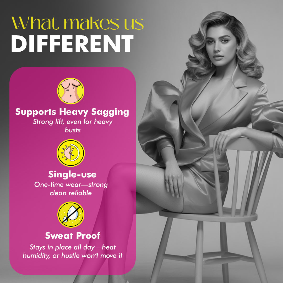 Woman sitting on a chair with a pink product card detailing features, against a gray background.