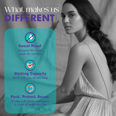 Woman sitting with a product packaging featuring text about product features.