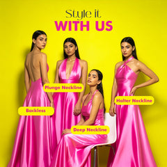 Four women in pink dresses with different neckline styles on a yellow background