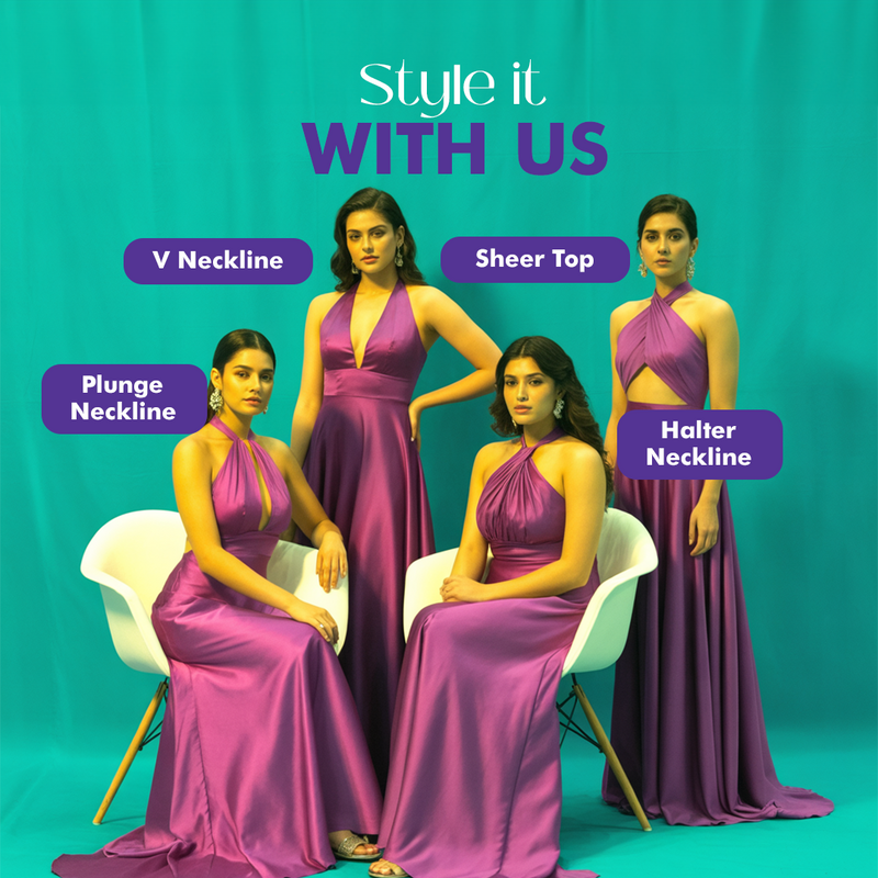 Four women in purple dresses with different necklines on a teal background