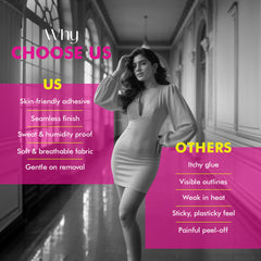 Woman in a grey  dress standing in a hallway with promotional text about adhesive properties.