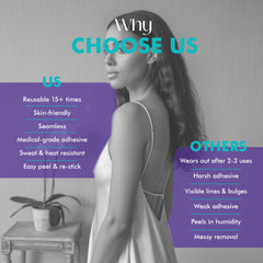 Woman wearing a adhesive product with comparison chart on gray background