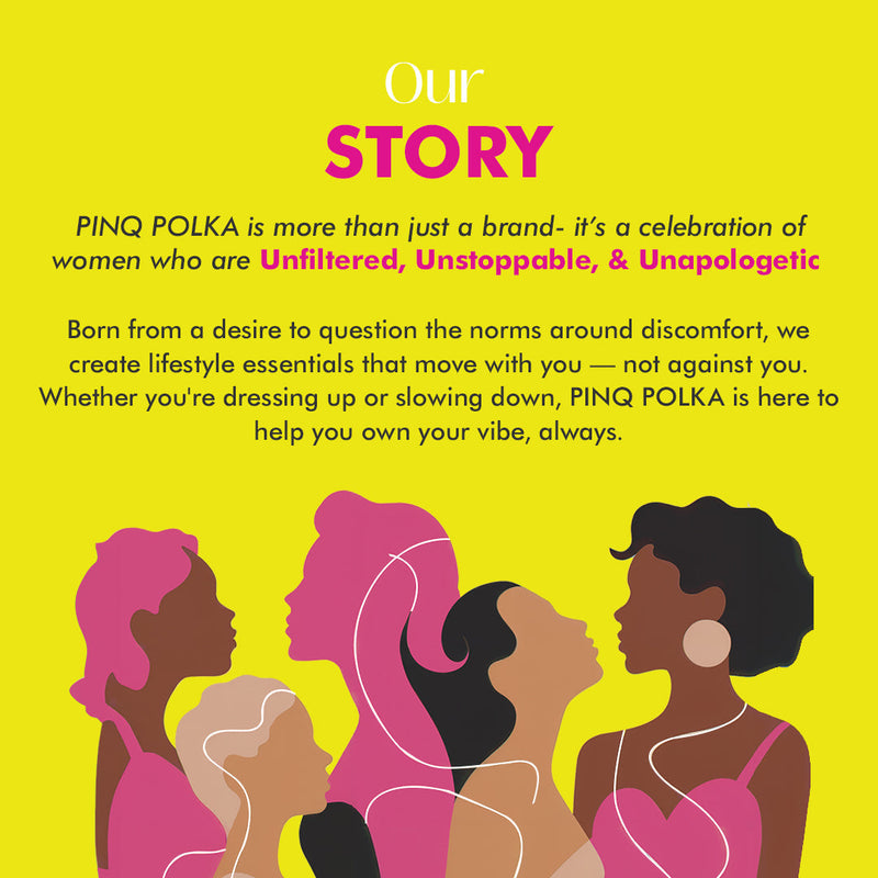 Story of PINQ POLKA with silhouettes of women and brand description on a yellow background