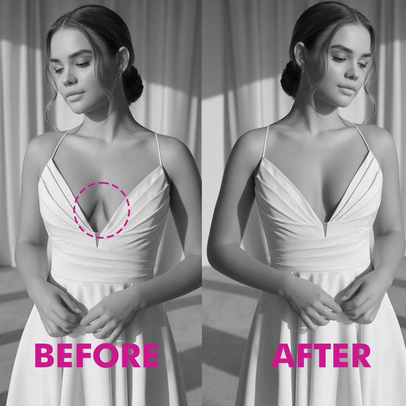 Before and after comparison of a woman wearing a white dress with a deep neckline.