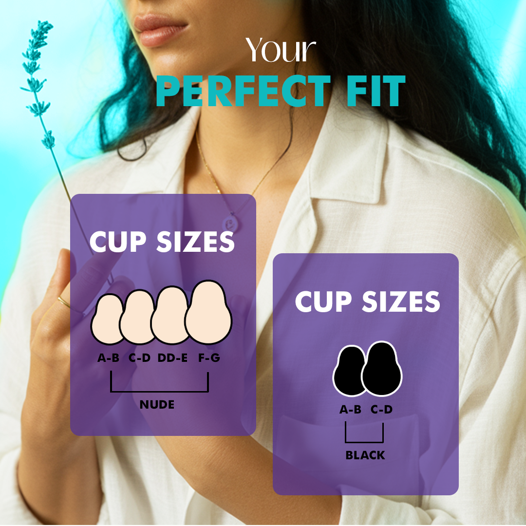 Person holding two purple cards with cup size charts labeled 'Nude' and 'Black'.