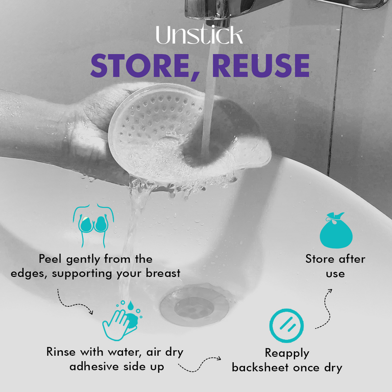 Hand washing a breast cup with water from a faucet, featuring text on how to use and store it.