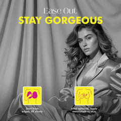 A woman in a gray suit and text 'Ease Out Stay Gorgeous'.