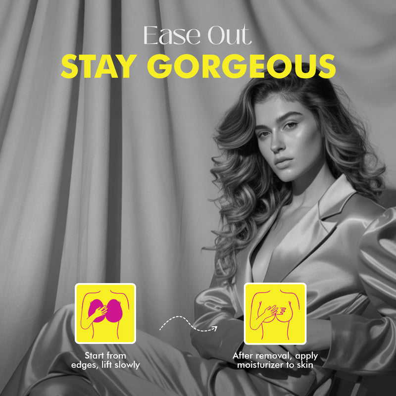 A woman in a gray suit and text 'Ease Out Stay Gorgeous'.