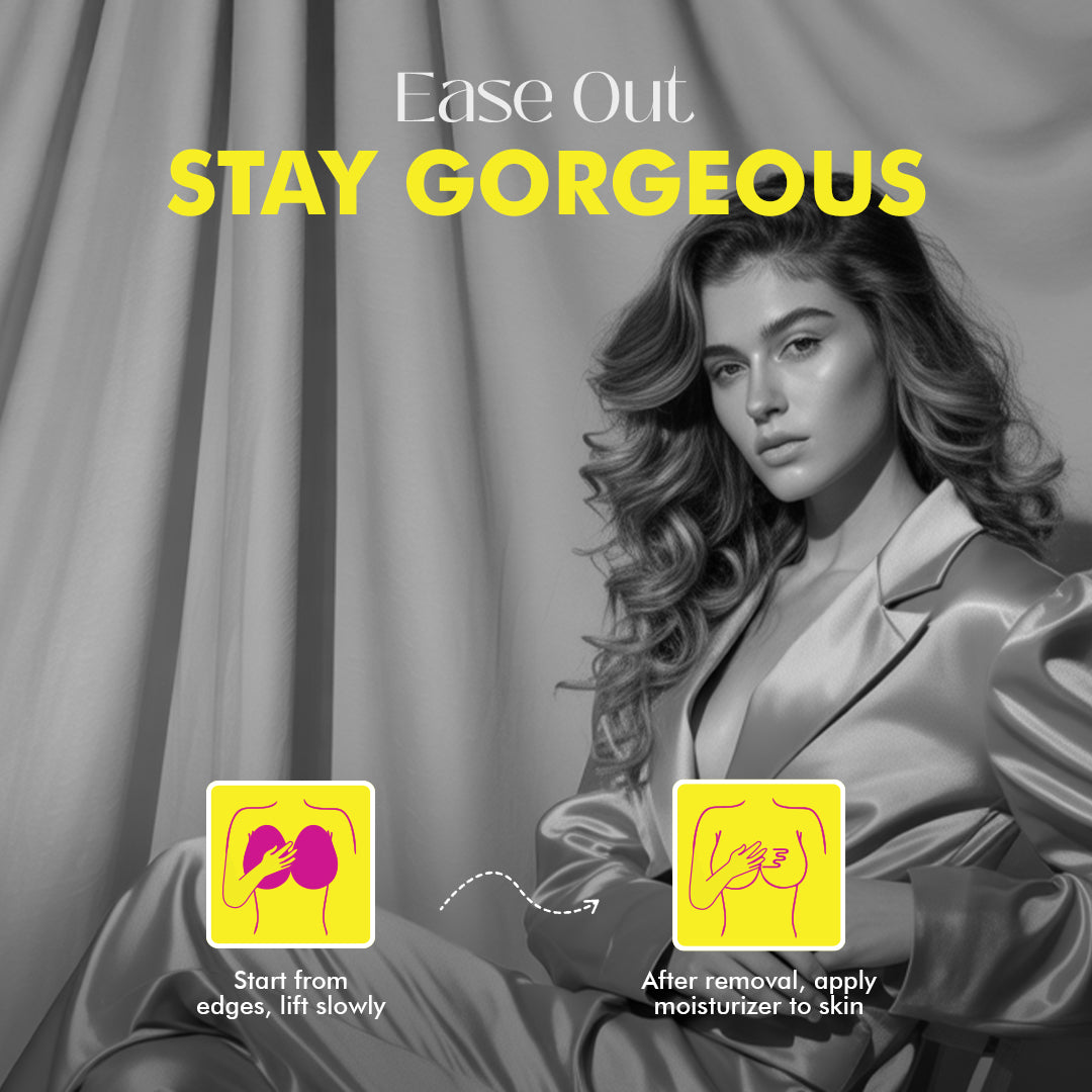 A woman in a gray suit and text 'Ease Out Stay Gorgeous'.