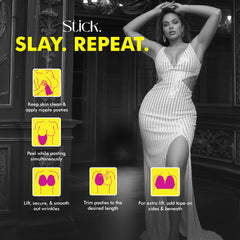 Woman in a white dress with promotional text and images on a dark background