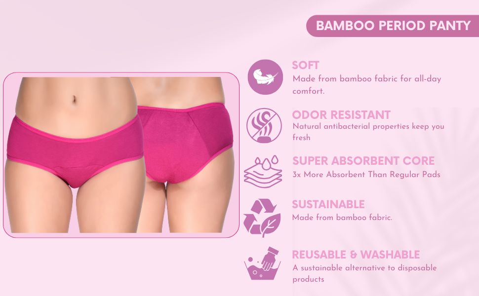 Bamboo Fabric Leak Proof Period Panty 3 Layers Not for heavy Flow | Black & Fuchsia | Pack of 2