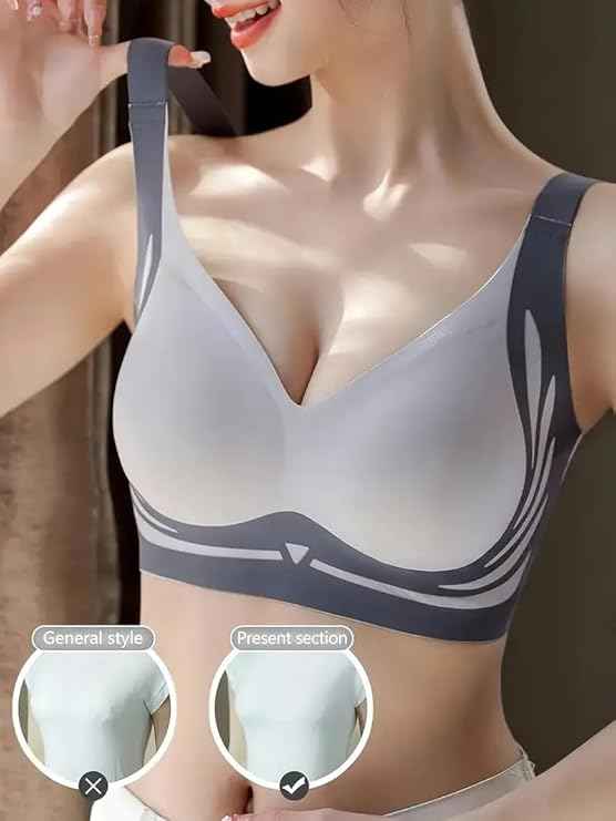 Plus Size Grey Padded Light Support Wireless Bra, Seamless Soft Bralette, for Sleep, Yoga and Everyday