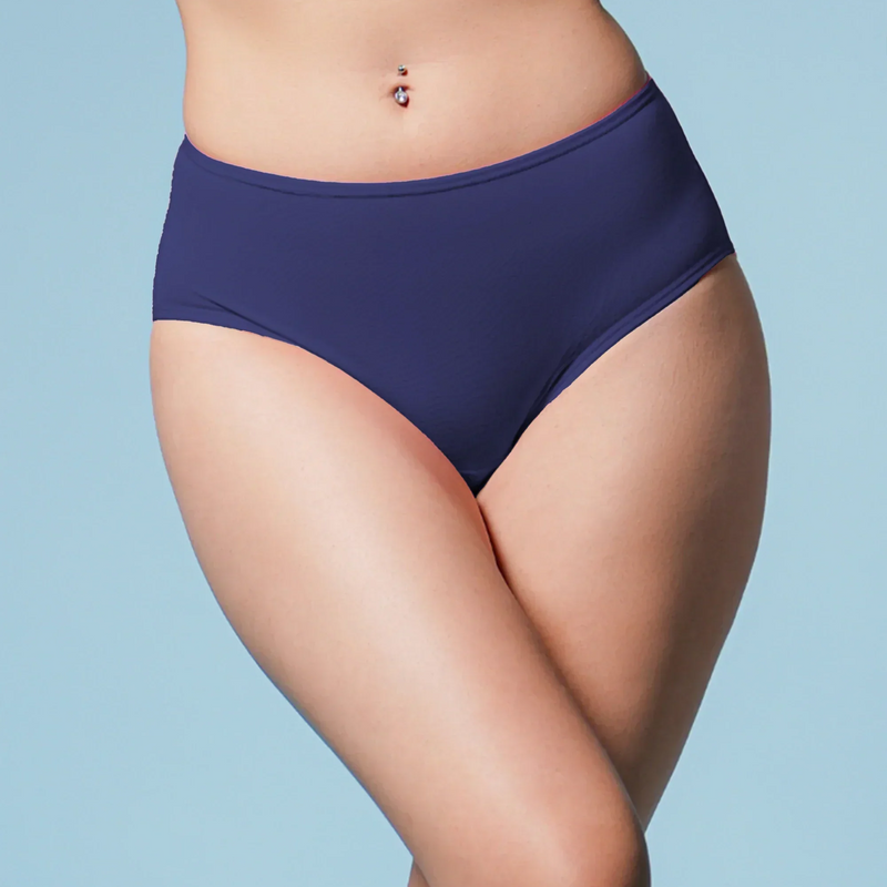 Navy blue high-waisted bottom on a light blue background