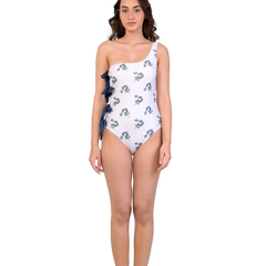 Bow side Blueberry Print One Shoulder Monokini