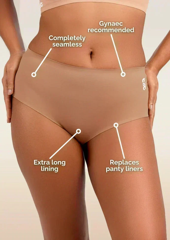 Beige women's underwear with text labels on a beige background