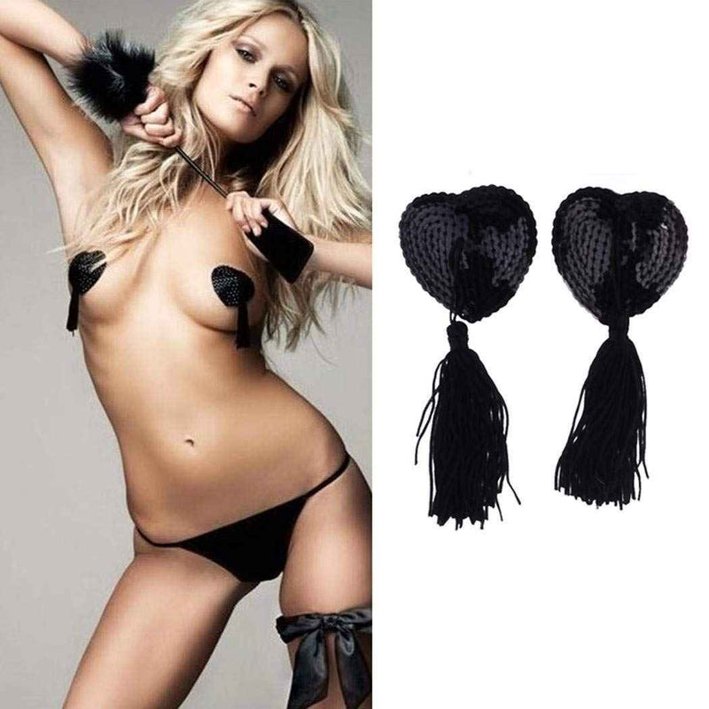 Women Black Adhesive Breast Pads Bra Reusable Silicone Heart-Shaped Nipple Cover