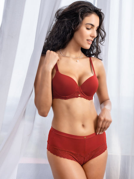 Medium Coverage Padded Wired Lacy Bra with Mid Rise Medium Coverage Lace Shorty Cheeky Panty