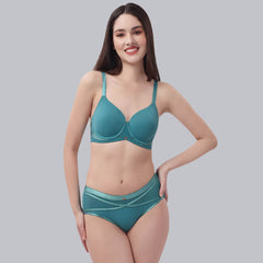 SOIE Woman - Full Coverage Padded Wired T-shirt Bra And High Rise Full Coverage Panty with Mesh Detailing - -for Women