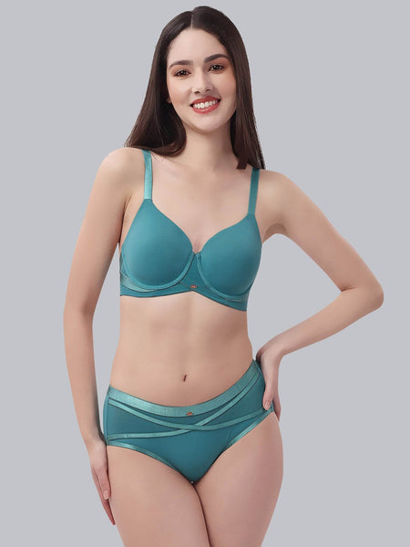 SOIE Woman - Full Coverage Padded Wired T-shirt Bra And High Rise Full Coverage Panty with Mesh Detailing - -for Women