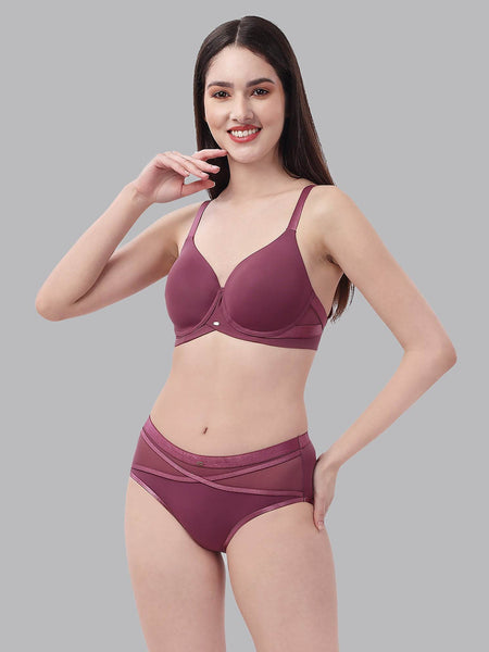 SOIE Woman - Full Coverage Padded Wired T-shirt Bra And High Rise Full Coverage Panty with Mesh Detailing - -for Women