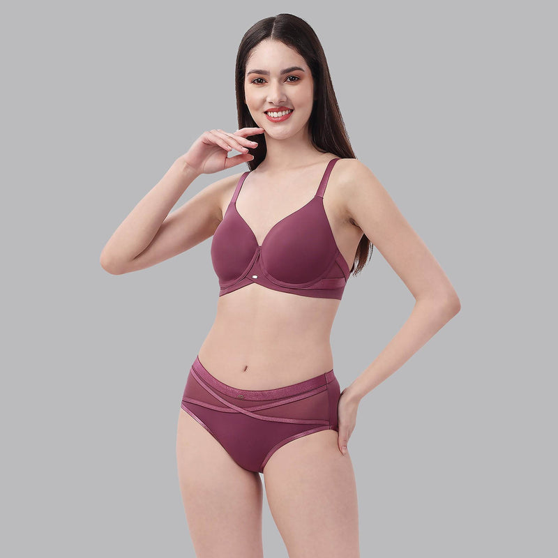 SOIE Woman - Full Coverage Padded Wired T-shirt Bra And High Rise Full Coverage Panty with Mesh Detailing - -for Women