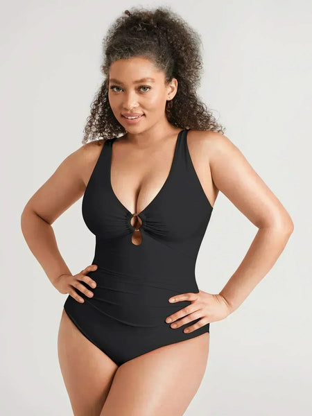 V-Neck Ruched Tummy Control One Piece Swimsuit