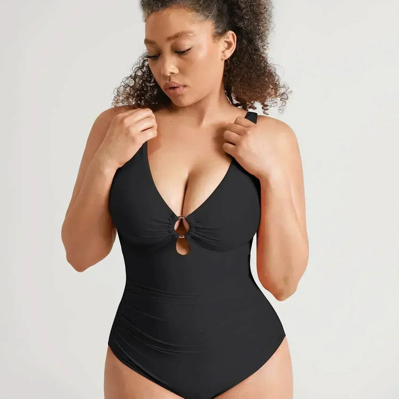 V-Neck Ruched Tummy Control One Piece Swimsuit