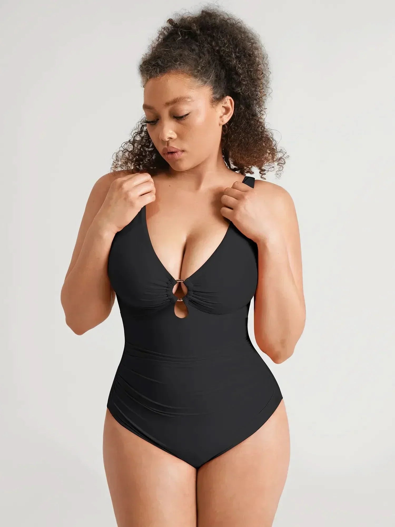 V-Neck Ruched Tummy Control One Piece Swimsuit
