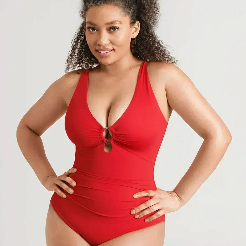 V-Neck Ruched Tummy Control One Piece Swimsuit
