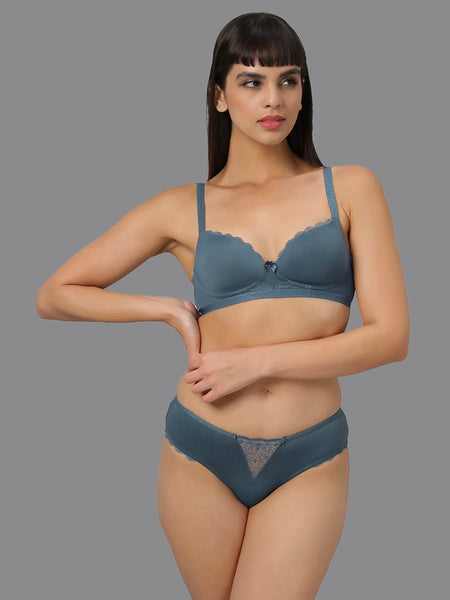 SOIE Woman - Padded Non Wired Medium Coverage Lace Design T-shirt Bra with Mid Rise Full Coverage Lace Brief - -for Women