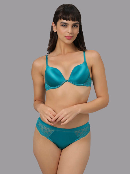 SOIE Woman - Padded Wired Medium Coverage Push Up Bra with Mid Rise Full Coverage Lace Seamless Panty Set - -for Women