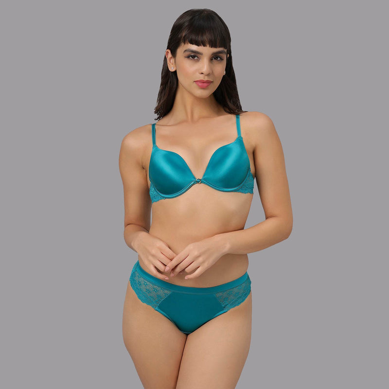 SOIE Woman - Padded Wired Medium Coverage Push Up Bra with Mid Rise Full Coverage Lace Seamless Panty Set - -for Women