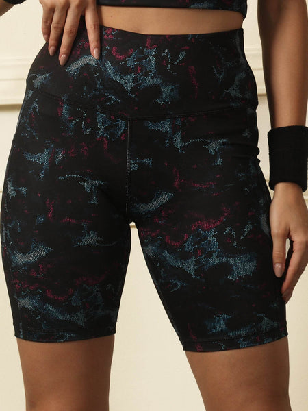 SOIE Woman - High Waist Knee Length Printed Sports Shorts With Pocket - Athleisure Shorts -for Women