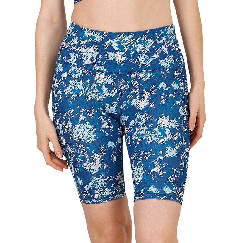 SOIE Woman - High Waist Knee Length Printed Sports Shorts With Pocket - Athleisure Shorts -for Women