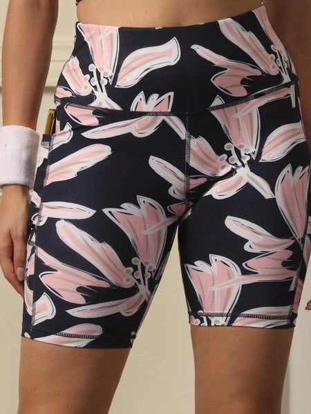 SOIE Woman - High Waist Knee Length Printed Sports Shorts With Pocket - Athleisure Shorts -for Women