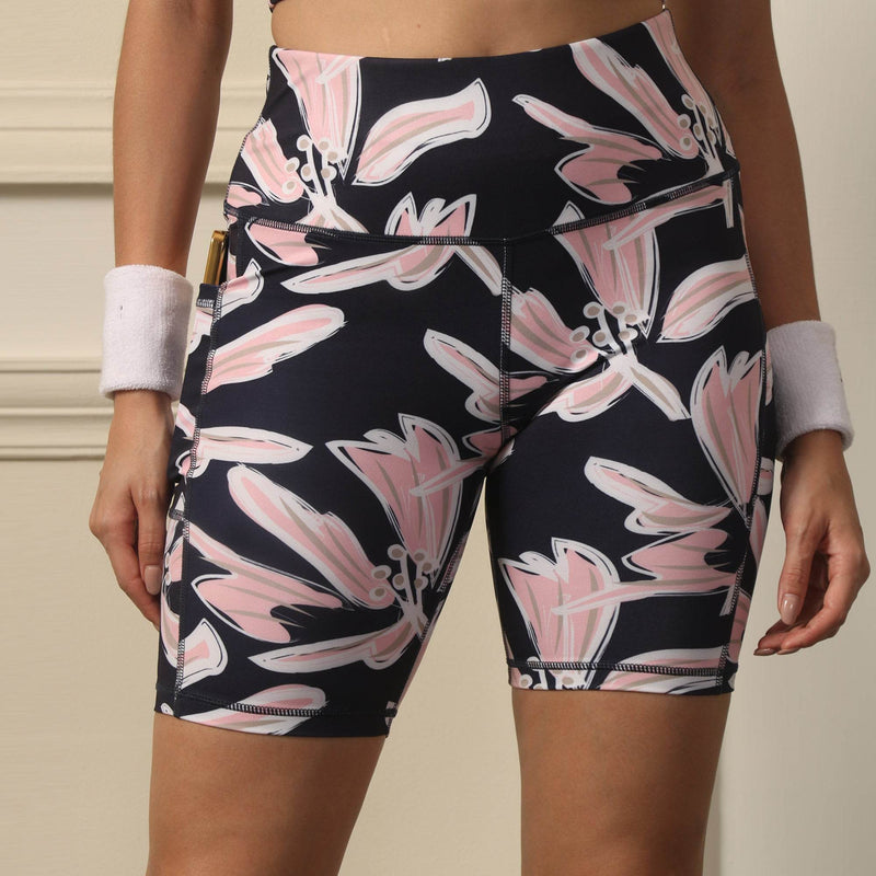 SOIE Woman - High Waist Knee Length Printed Sports Shorts With Pocket - Athleisure Shorts -for Women
